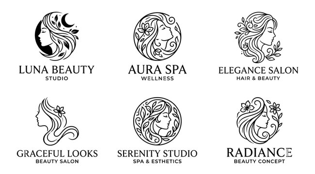 A collection of six elegant line art logos featuring women's profiles with flowing hair and natural elements, suitable for beauty salons and wellness brands.