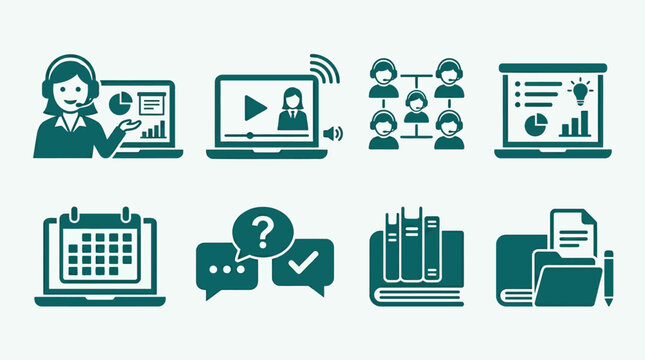 A digital illustration depicting online education and communication tools for remote learning