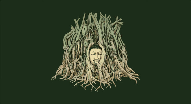 A stone face emerges from a dense tangle of intertwined tree roots