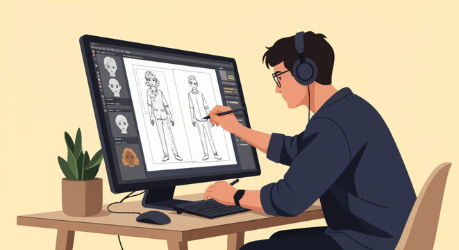 Animator in glasses and headphones drawing character sketches on a digital pen display screen at a desk with a keyboard, mouse, and potted plant in a flat vector illustration style.