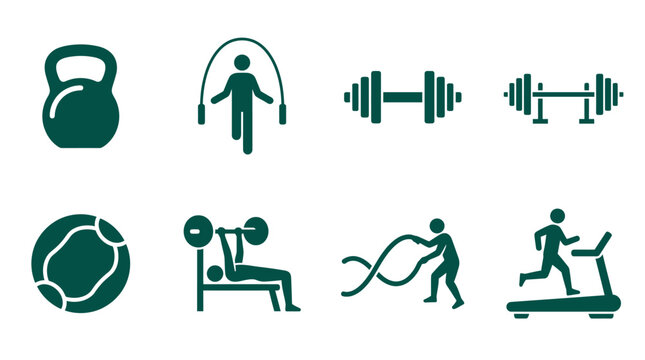 Fitness equipment and activities illustrated with icons, showcasing strength training and cardio exercises