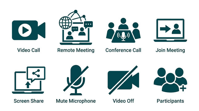 Icons representing video conferencing tools for remote meetings, showcasing various functionalities