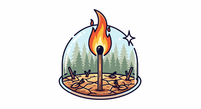 A lit match stands on cracked earth, a forest behind it under a glass dome