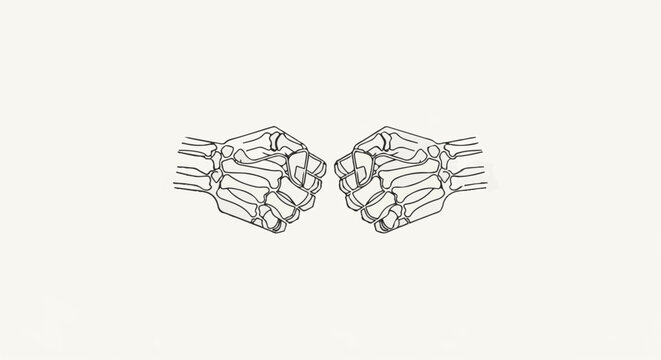 Two stylized skeleton hands are depicted in a line art style
