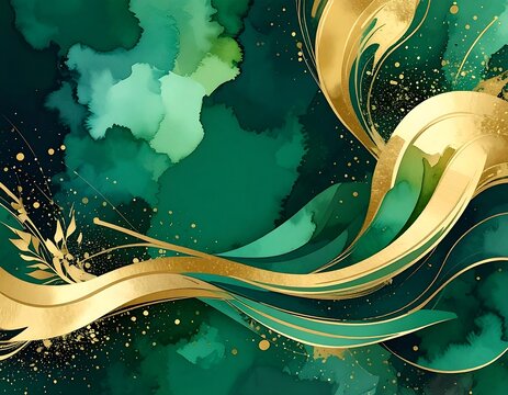 Elegant Emerald and Gold Abstract Waves Flowing Across Watercolor Background
