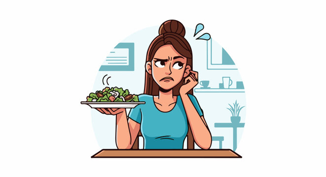A person expresses reluctance towards a healthy salad, looking unimpressed at the meal