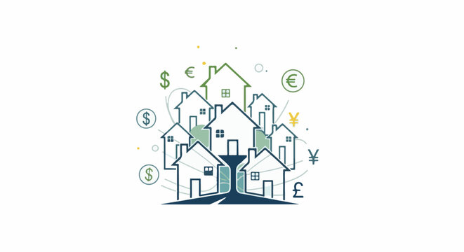 A cluster of stylized houses with financial symbols like dollars, euros, yen, and pounds