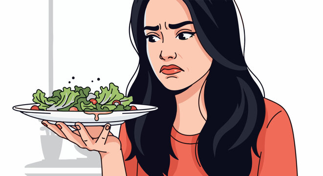 A displeased person holds a plate of salad, showing a disgusted facial expression and wrinkled nose