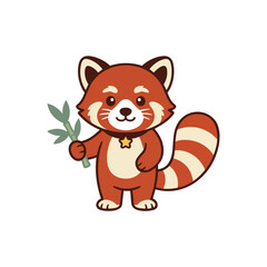 Fototapeta premium Cute red panda holding leafy branch cartoon.
