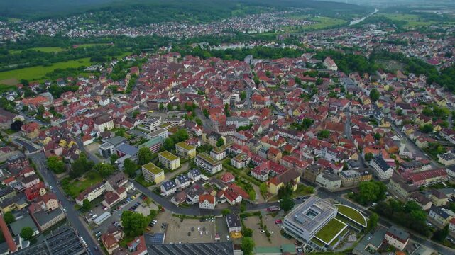 Aerial view of the city Forchheim in Germany, on a cloudy morning in spring.