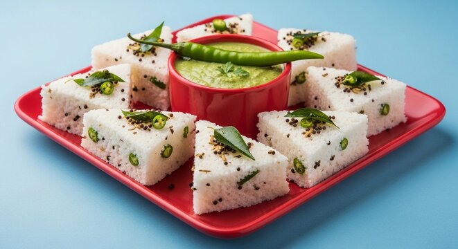 Traditional steamed white khaman dhokla triangles served on a vibrant red square plate with spicy green chutney and fresh curry leaves on a blue background