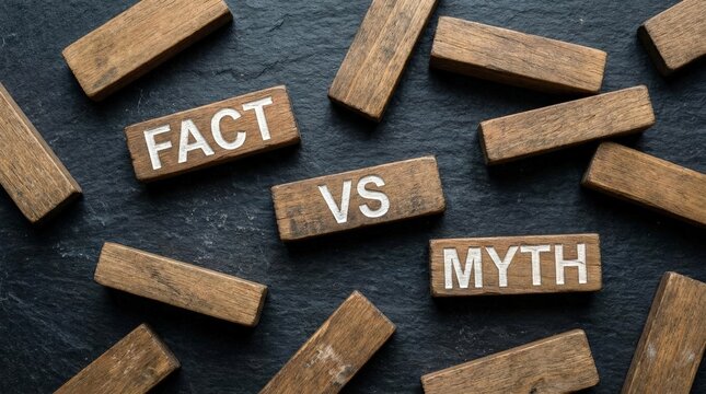 Wooden rectangular blocks with text spelling fact versus myth on dark slate.