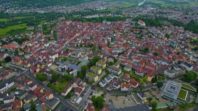 Aerial view of the city Forchheim in Germany, on a cloudy morning in spring.