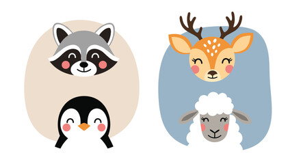 Naklejka premium Set of four adorable animal portraits including a raccoon, penguin, deer, and sheep within soft colored circles on a plain white background.
