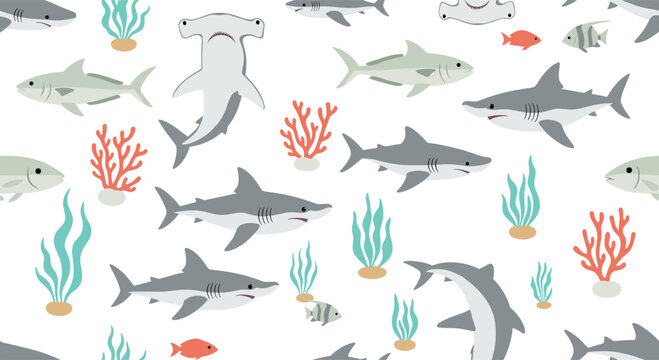Diverse marine seamless pattern featuring various species of sharks, hammerheads, fish, and corals on white background.
