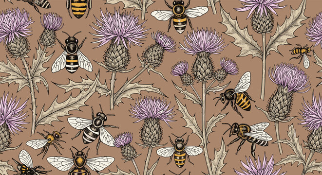 Detailed seamless pattern showcasing bees flying around purple thistle flowers with green leaves on a warm neutral brown background texture.