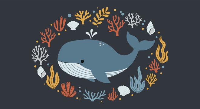 Large blue whale illustration surrounded by an oval frame of colorful coral, seaweed, and seashells on a dark charcoal gray background.
