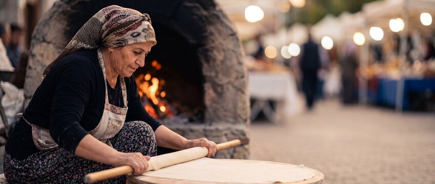 Traditional woman baking flatbread dough at outdoor street market oven, preparing authentic Middle Eastern yufka with wood fire stone stove, Anatolian cultural food heritage, warm cinematic sunset.
