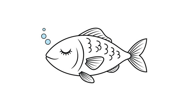 Simple black and white line drawing of a sleeping fish with tiny bubbles, perfect for children coloring pages or minimalist ocean art.