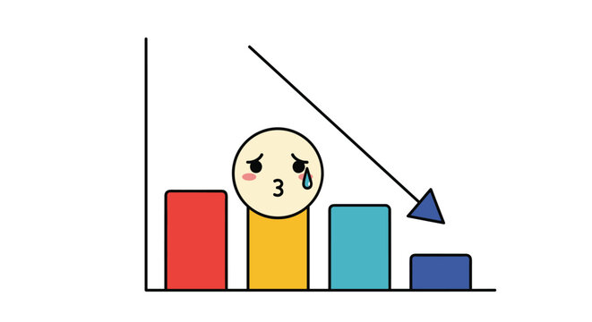 Negative business chart with a sad crying character and a dark arrow pointing downward over colorful bars, symbolizing financial loss.