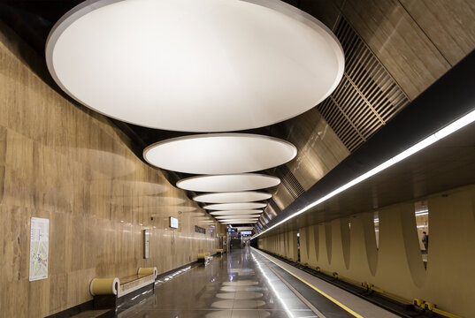 Interior of the platform of the Moscow metro station "Yugo-Vostochnaya" Nekrasovskaya line, Moscow, Russia