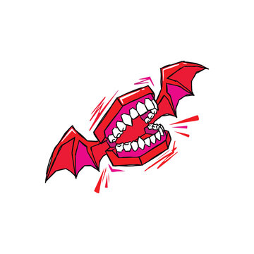 Red bat winged vampire mouth illustration.