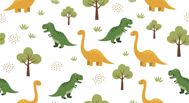 Prehistoric dinosaur pattern with green T-Rex, yellow Brachiosaurus, and green trees scattered on a white background for nursery decor.