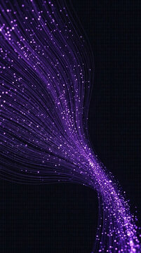 Flowing purple lines with sparkling lights against a dark binary code background, representing data flow, technology, and digital connection.