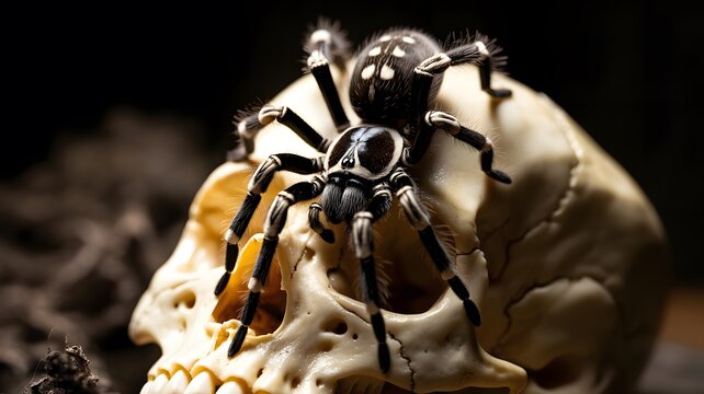 Large tarantula spider crawling over human skull with tarantula skeleton halloween arachnid