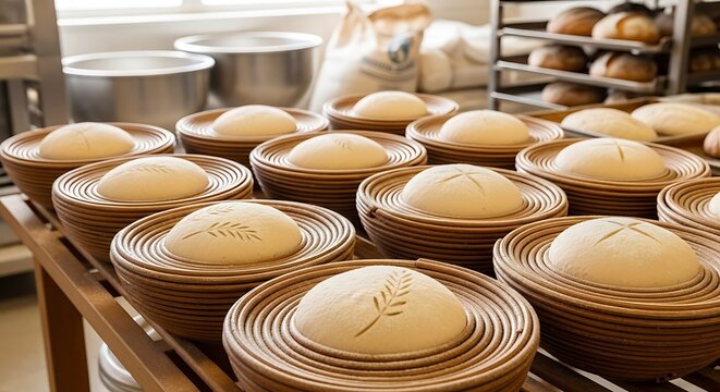 Freshly Proofed Bread Dough in Traditional Banneton Baskets.