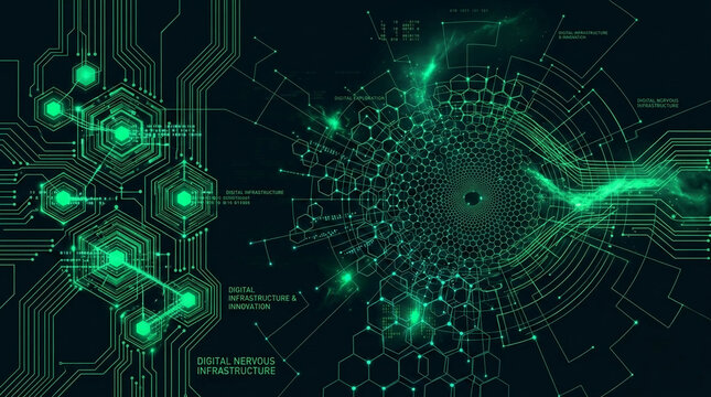 Abstract green circuit board and network design with binary code, symbolizing digital connectivity, innovation and data flow