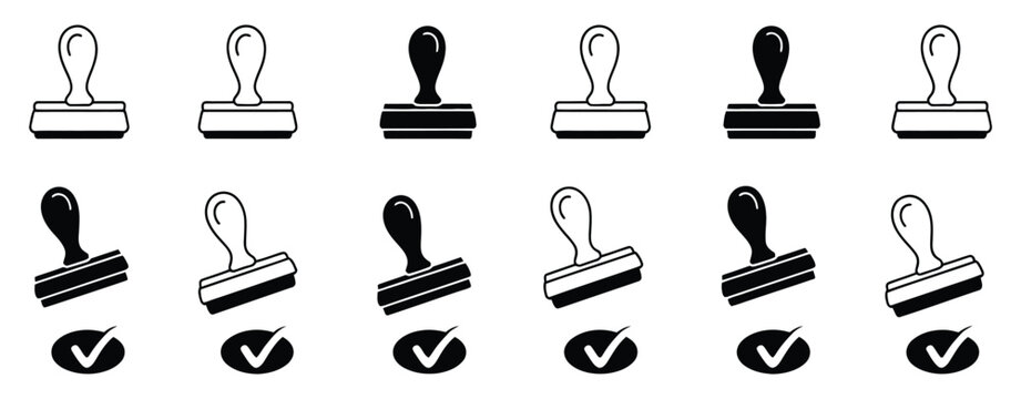 Stamp icon set with approval imprint symbols, rubber stamper icons, watermark graphics, ink pad elements, authorization signs, and permission logotypes, vector illustration, vector, designs
