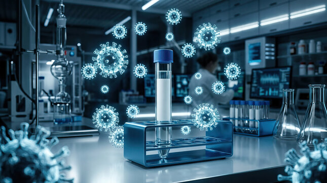 Virus testing concept with laboratory test tube and digital virus particles floating in modern lab environment showing scientific research and medical analysis