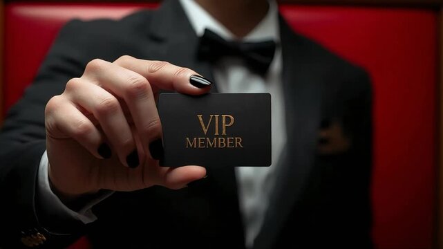 VIP membership card held by elegant person in tuxedo suit showing exclusive access motion video for luxury marketing campaign