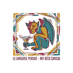 Obraz premium Art deco gargoyle creature holding a martini glass.