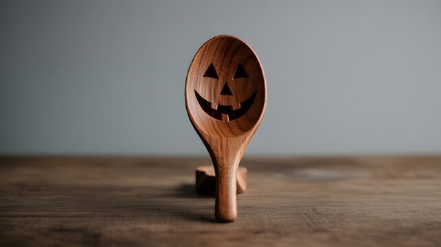 Carved wooden kitchen spoon with jack o lantern face halloween jackolantern woodwork homeware