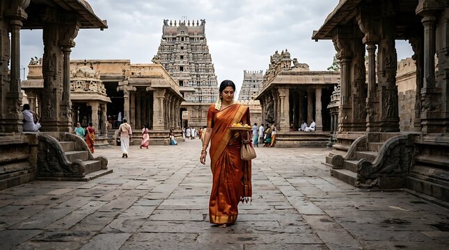 Indian Woman in Traditional Saree Walking in Ancient Hindu Temple