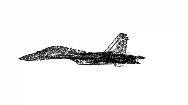 Fighter jet military aircraft flying. Wireframe low poly mesh. Available in FullHD and 4K video