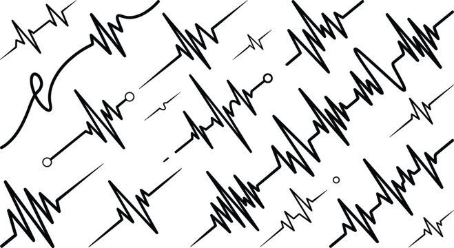 Abstract Seismic Wave and Audio Sound Frequency Line Set with Earthquake Tremor Metrics and Vital Heartbeat Signatures for Creative Digital Graphic Textures