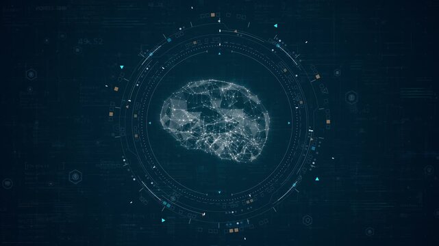 Motion graphic of polygon brain network with glowing nodes, futuristic HUD interface and digital technology background for AI data analysis concept.