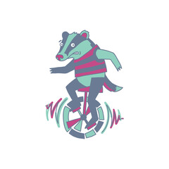 Cartoon badger riding a unicycle in motion. © riiicil