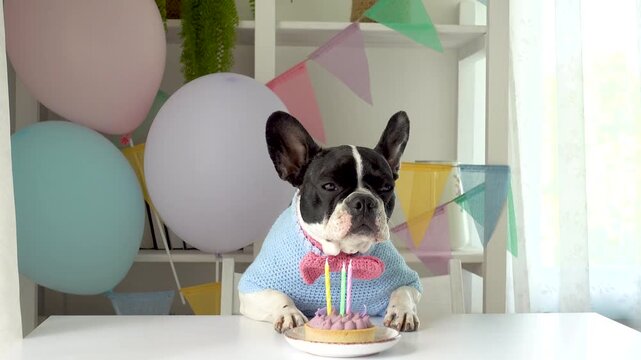 Cute dog with a small cake and candle. Background is decorated with colorful garlands and balloons. Celebratory scene for pet birthday, social media, and veterinary marketing campaigns