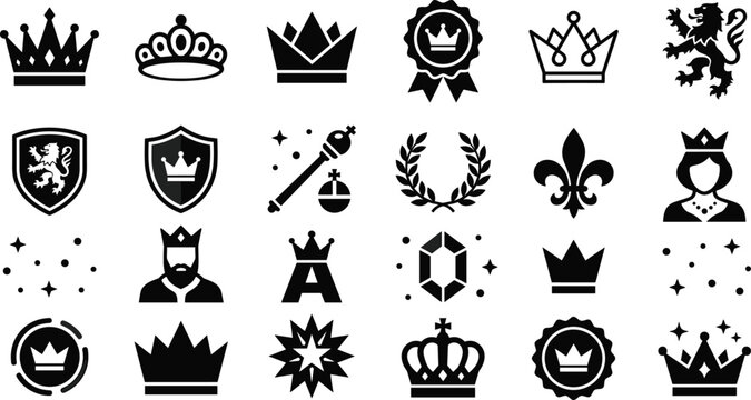 Royal Heraldry and Luxury Branding Icon Set with Crowns Shields Lion Scepter Fleur-de-lis King Queen and Laurel Wreath Symbols for Premium Logo Designs