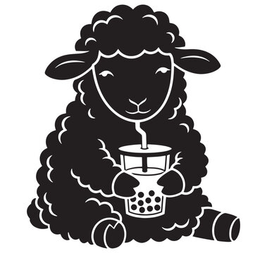 Sheep holding a bubble tea cup sitting on the floor drinking straw in mouth
