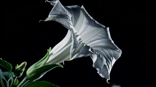 White Datura flower blooming against a dark black background, showcasing its delicate petals and elegant trumpet shape, perfect for botanical and nocturnal garden themes.