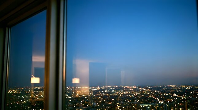 Night cityscape viewed through a window showcasing urban lights and a vast, clear sky
