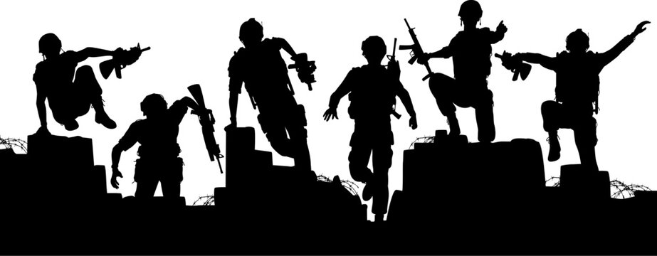 Black silhouette set of soldiers in various combat stances and poses black silhouettes military combat poses