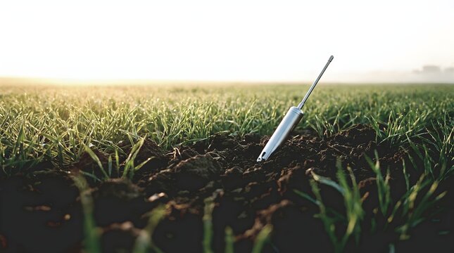 Agricultural soil sampling with a trowel in a field at sunrise, symbolizing soil analysis and sustainable farming practices