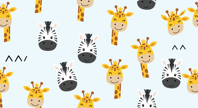 Playful safari pattern showcasing cute giraffe and zebra heads with smiling expressions on a soft light blue background for nursery textiles.