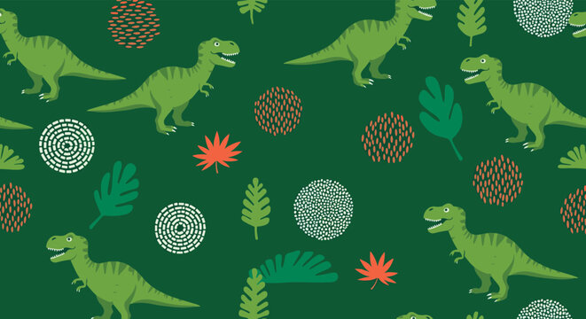 Prehistoric seamless pattern featuring green Tyrannosaurus Rex dinosaurs and various leaves on a dark green background for children clothing.